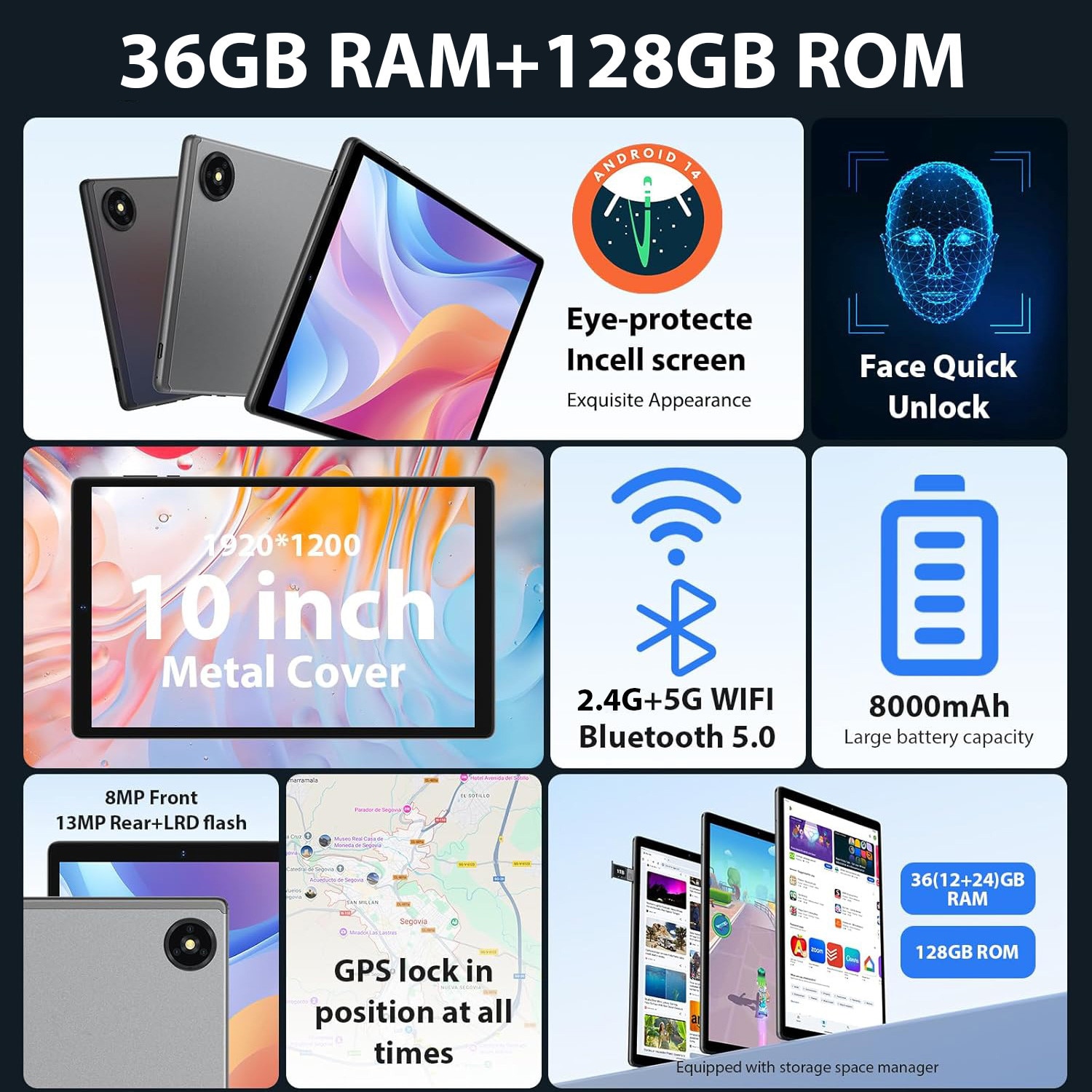 Tableta 10.1" Octa-Core, Android 14.0, 36(12+24)GB RAM, 128GB ROM, SIM/4G LTE, 5GHz WIFI, 1920*1200 FHD, 8000mAh, Gri