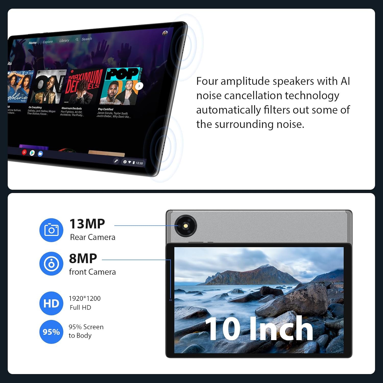 Tableta 10.1" Octa-Core, Android 14.0, 36(12+24)GB RAM, 128GB ROM, SIM/4G LTE, 5GHz WIFI, 1920*1200 FHD, 8000mAh, Gri