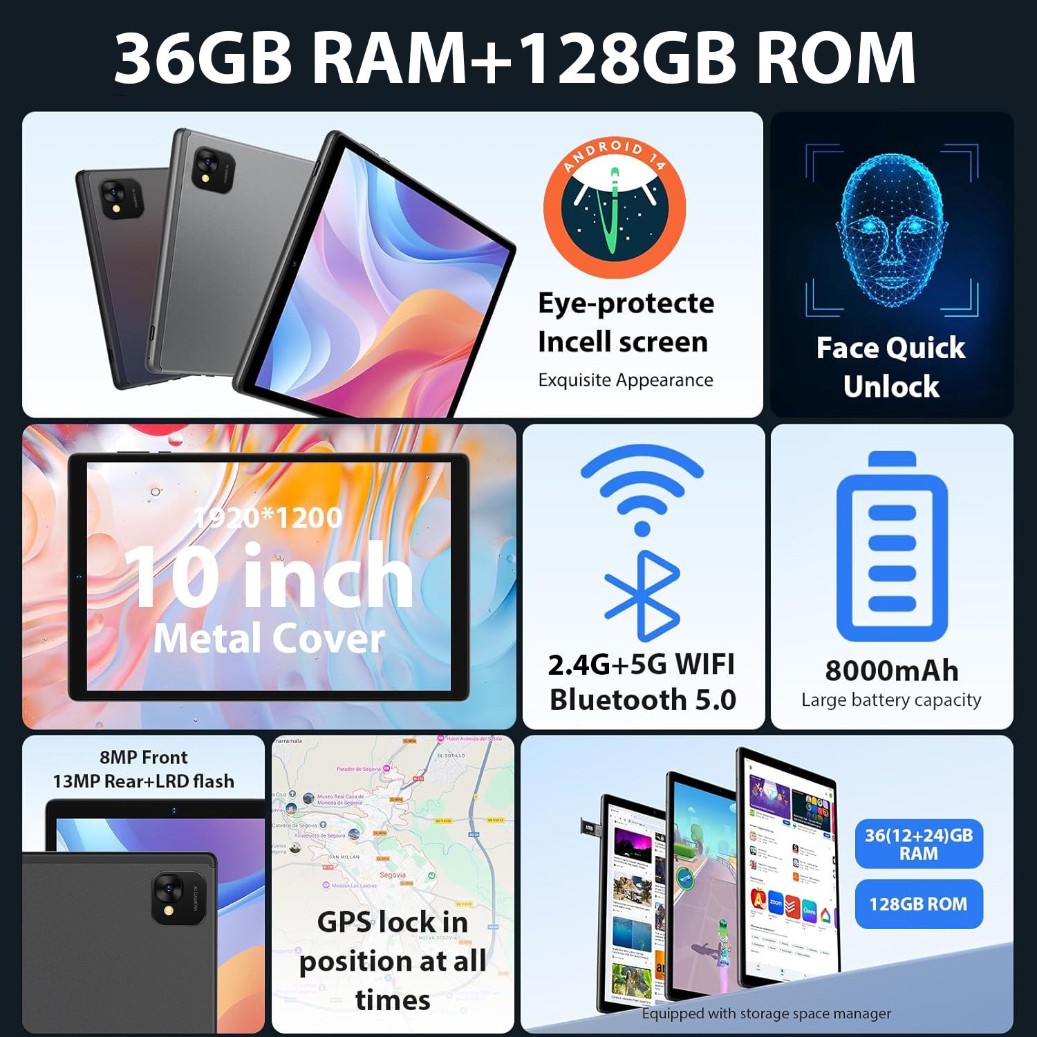 Tableta 10.1" Octa-Core, Android 14.0, 36(12+24)GB RAM, 128GB ROM, SIM/4G LTE, 5GHz WIFI, 1920*1200 FHD, 8000mAh, Negru