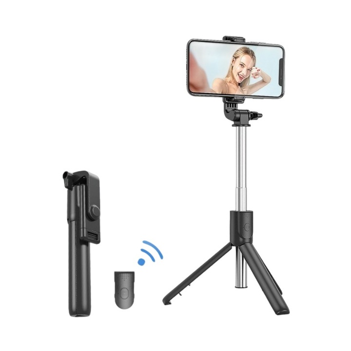 Стойка за мобилен телефон, многофункционален селфи стик, статив, Bluetooth, съвместим с iOS / Android, черен, Против приплъзване Apple 12