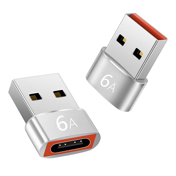 Комплект от 2 адаптера TechEeee, USB към USB-C, USB-C женски към USB-A мъжки адаптер, конвертор за кабел за зареждане тип C към USB-A, съвместим със Samsung Galaxy и други устройства тип C, сребрист