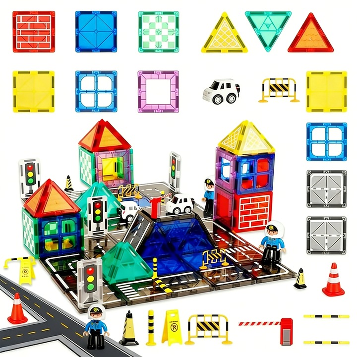 Set de constructie cu placi magnetice, Morovan, Tema transportului urban 70 de Piese, Dezvoltarea Abilitatilor Motrice si a Imaginatiei, Jucarie Educativa pentru Copii 3+ Ani, multicolor