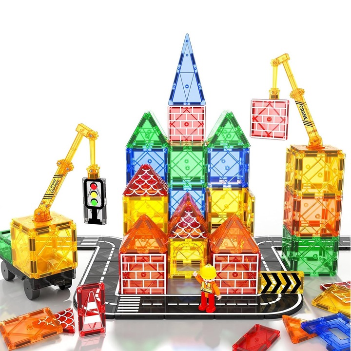 Конструктор с магнитни дъски, Morovan, Комплектът магнитни конструктори включва 58 части, образователни играчки за деца, развитие на двигателните умения и въображението, множество възможности за творческо конструиране, 3+ години, многоцветен