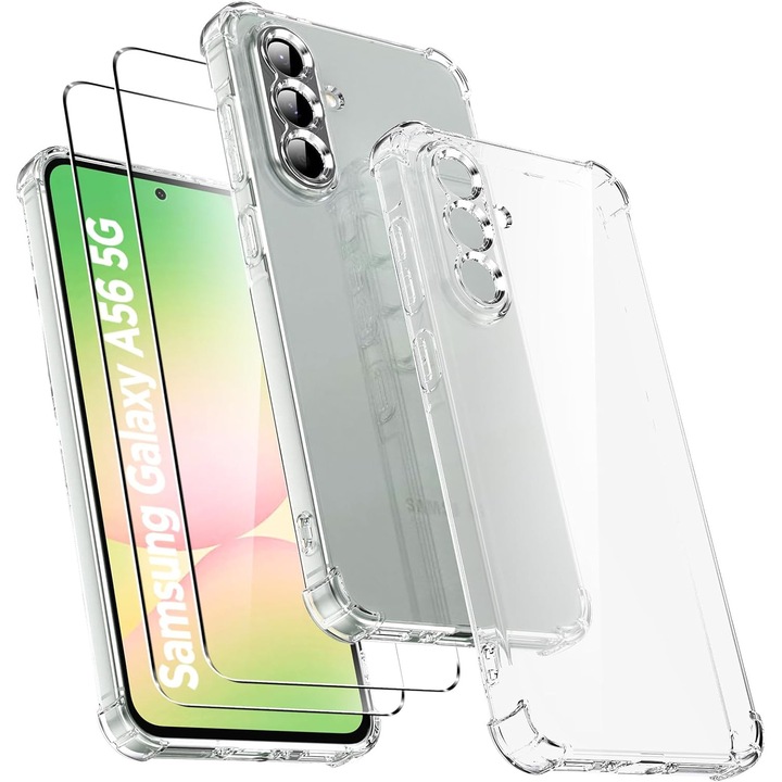 Кейс за телефон за Samsung Galaxy A56 5G, с 2 броя закалено стъклено протектор за екрана, устойчив на изпускане, мек и прозрачен, ултратънък и лек, удобен захват, Oududianzi, TPU/силикон, прозрачен