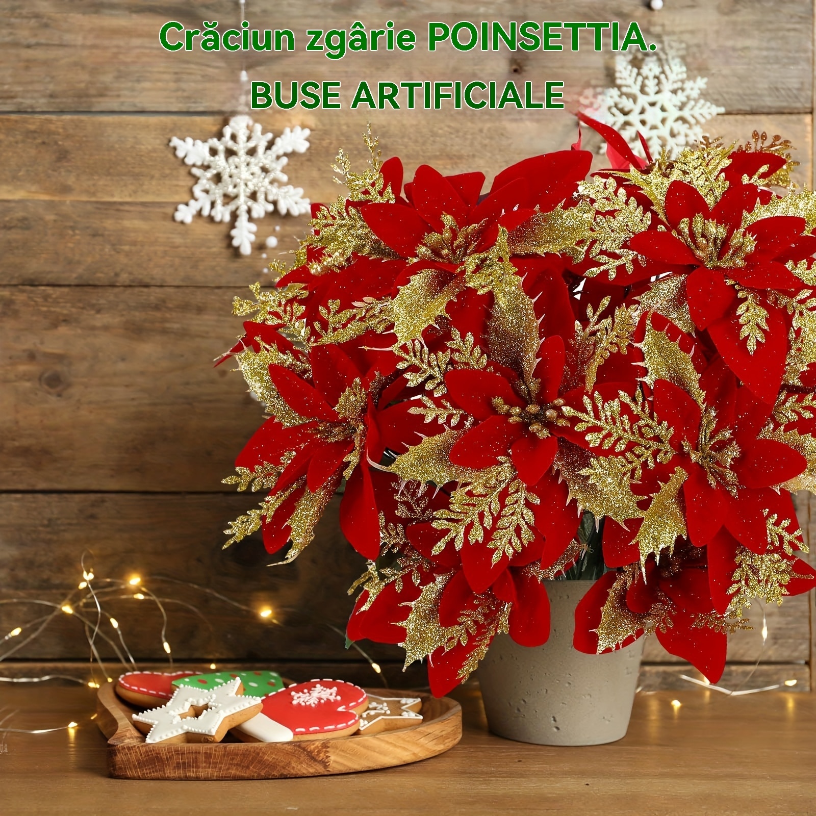 8pcs Fiori Artificiali di Natale Poinsettia, Cespugli di Bouquet di Poinsettia Artificiali Rossi, Pianta di Poinsettia Finta 6 Teste Bouquet Floreale