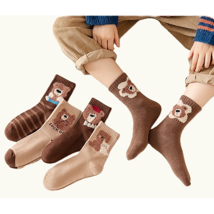 Set de 5 perechi sosete medii pentru copii toamna, iarna, ursulet din fire de puf maro, bumbac periat respirabil, calduroase si stilate, universal pentru fete si baieti 4-6 ani