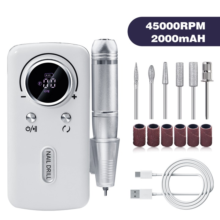Freza Electrica de Unghii Profesionala 45000 RPM, Wireless cu Acumulator, Portabil si Silentios, Freza cu Diamant pentru Manichiura Gel, Acril, LED Display Viteza, Baterie, Directie, Alb