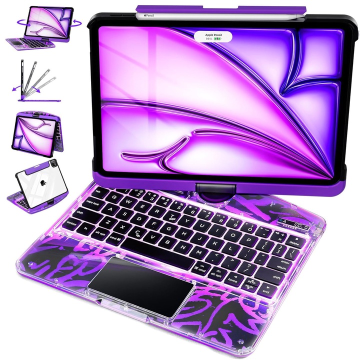 Калъф Съвместим с iPad Air 11" с клавиатура (M3/M2, 2025/2024) и Air 5/4-то поколение, iPad Pro 11 (2022/2021/2020/2018). 360° въртящ се мултитъч тракпад, RGB подсветка на клавиатурата, държач за молив, зареждане тип C, лилав