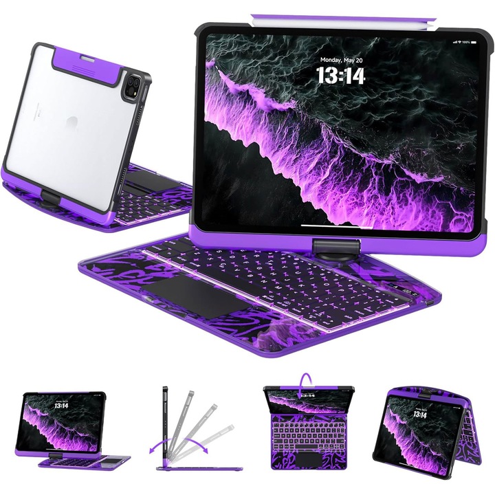 Прозрачен калъф с клавиатура за iPad 11-то поколение 11" (A16, 2025) и 2022 iPad 10-то поколение 10.9", 7 цвята на подсветката, безжична клавиатура, въртящ се на 360°, тракпад, държач за писалка, лилав