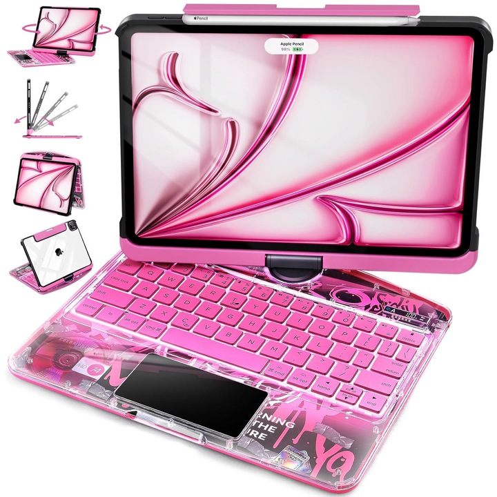 Калъф за iPad Air 11" с клавиатура (M3/M2, 2025/2024) и Air 5/4-то поколение, iPad Pro 11 (2022/2021/2020/2018). 360° въртящ се мултитъч тракпад, RGB подсветка на клавиатурата, държач за молив, зареждане тип C, розов