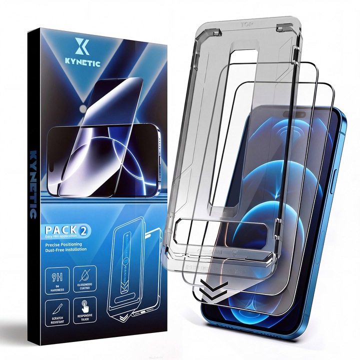 Set de 2 Folie protectie pentru iPhone 17 Pro, Kynetic®, sticla temperata, tehnologie automata de eliminare a prafului, advanced touch sensitivity, acoperire oleofoba, anti-amprente, 6.3 inch, 9H