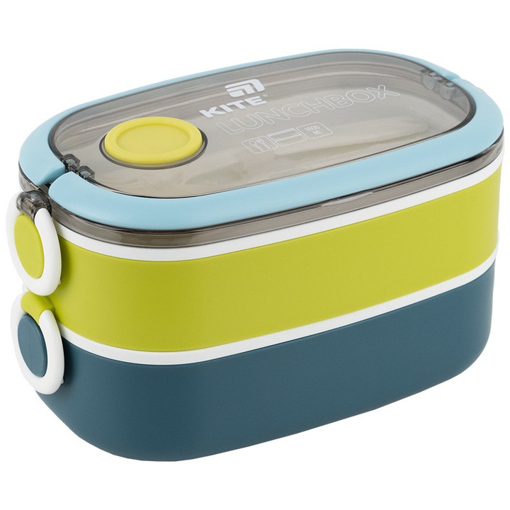 Caserola dubla pranz copii Kite, 1600 ml, cu compartimente, capac transparent, tacamuri, fara BPA