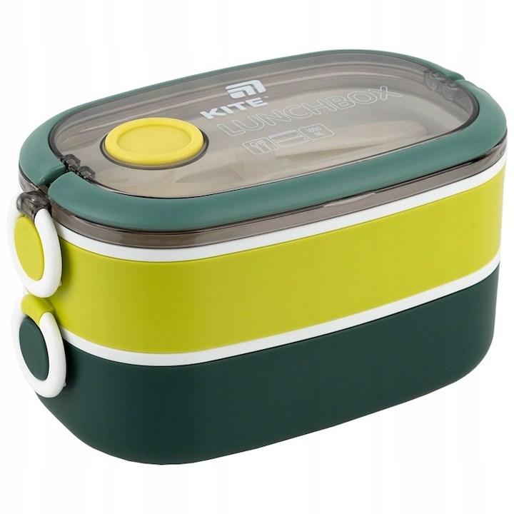 Caserola dubla pranz copii Kite verde, 1600 ml, cu compartimente, tacamuri, fara BPA