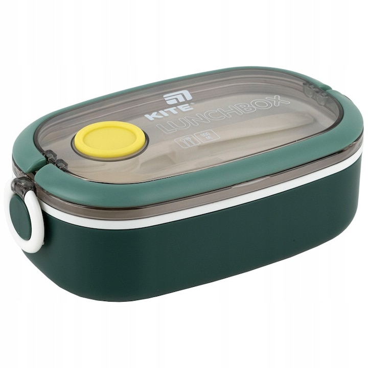 Caserola pranz copii Kite verde, 900 ml, cu compartimente, tacamuri incluse, capac transparent, fara BPA, cu maner