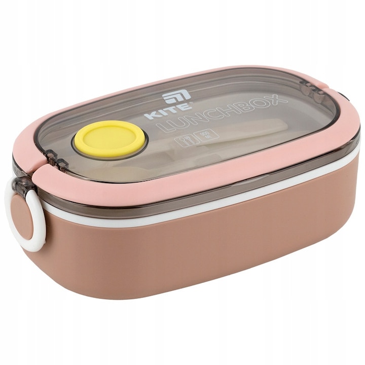 Caserola pranz copii Kite bej, 900 ml, cu compartimente, tacamuri incluse, capac transparent, fara BPA, cu maner