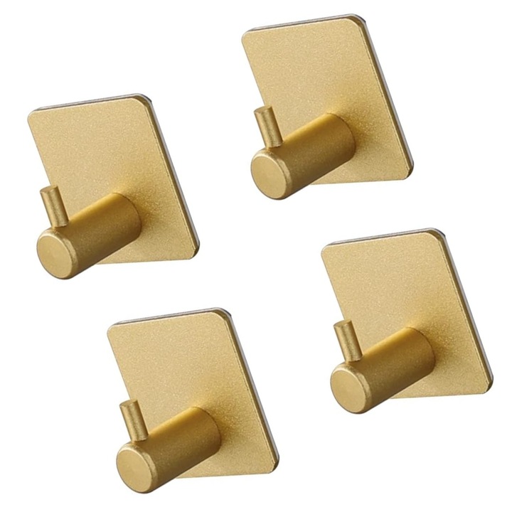 Set 4 Carlige tip cuier baie pentru prosop, bucatarie si hol, adeziv puternic, Nu este necesara gaurirea, Auriu, Otel inoxidabil, Margini netede, Robust, Finisaj lustruit, Simplu si elegant, si rezistenta la zgarieturi, Nu lasa urme, antiderapant, cu vid