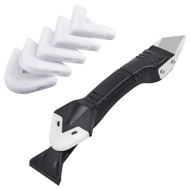 Set pentru chituit 3 in 1 Profesional SUPER TRENDS®, Spatula Pentru Chit, Cutter Pentru Indepartarea Chitului, Racleta Din Silicon cu 5 Capete de Schimb, Pentru Bucatarie, Baie, Geamuri, Chiuveta