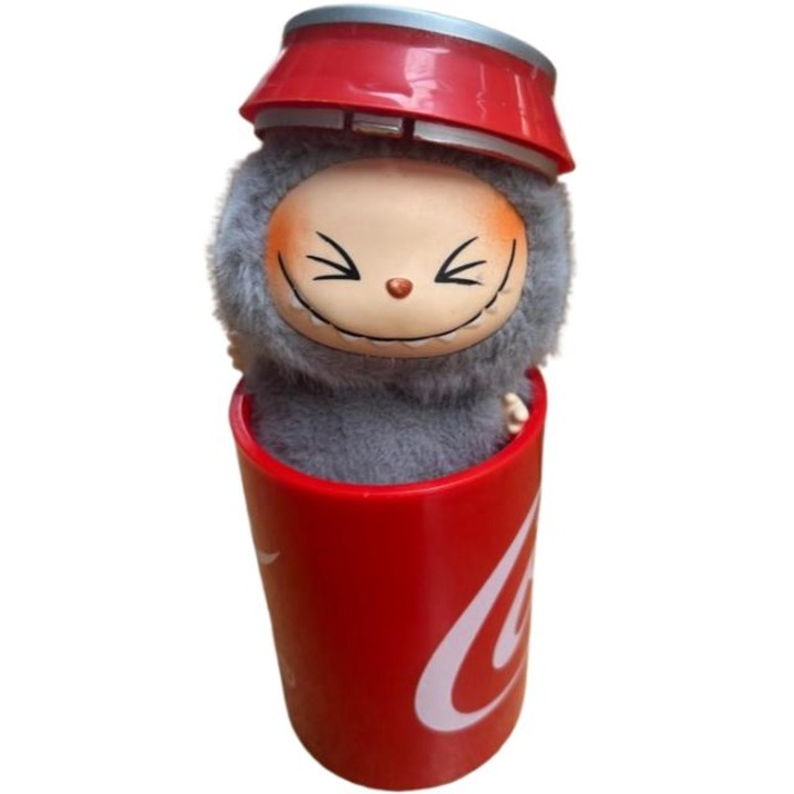 Figurina LaBubu in cutie CocaCola, de plus, moale si pufoasa, gri, 25 cm