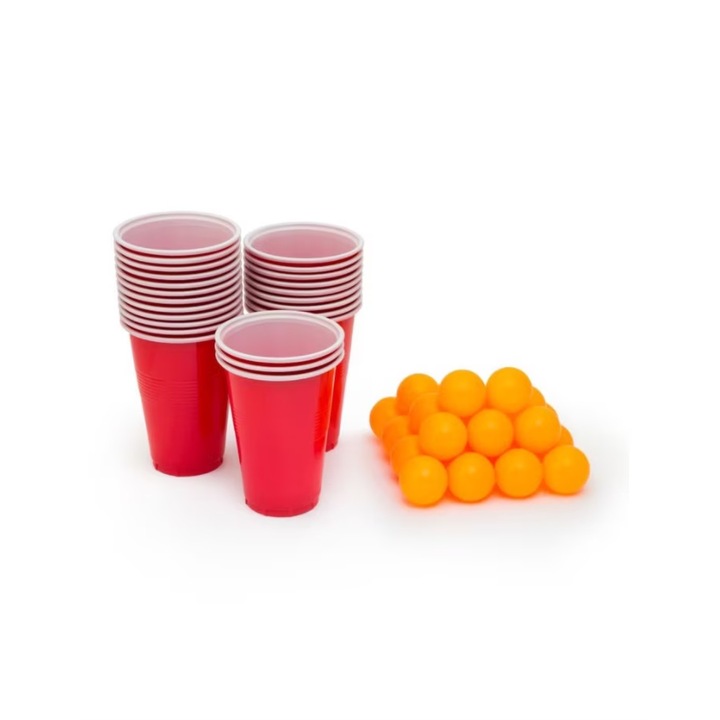 BEER PONG Ivósjáték, Flippy, 24 teniszlabda és 24 újrafelhasználható pohár készlet, Interaktív játék felnőtteknek, Kék-narancssárga
