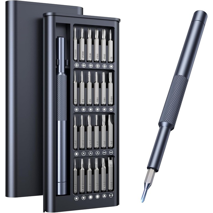 Set de surubelnite miniatura 25-in-1, 24 capete diferite, design ergonomic, carcasa compacta, pentru telefoane mobile, laptopuri, computere