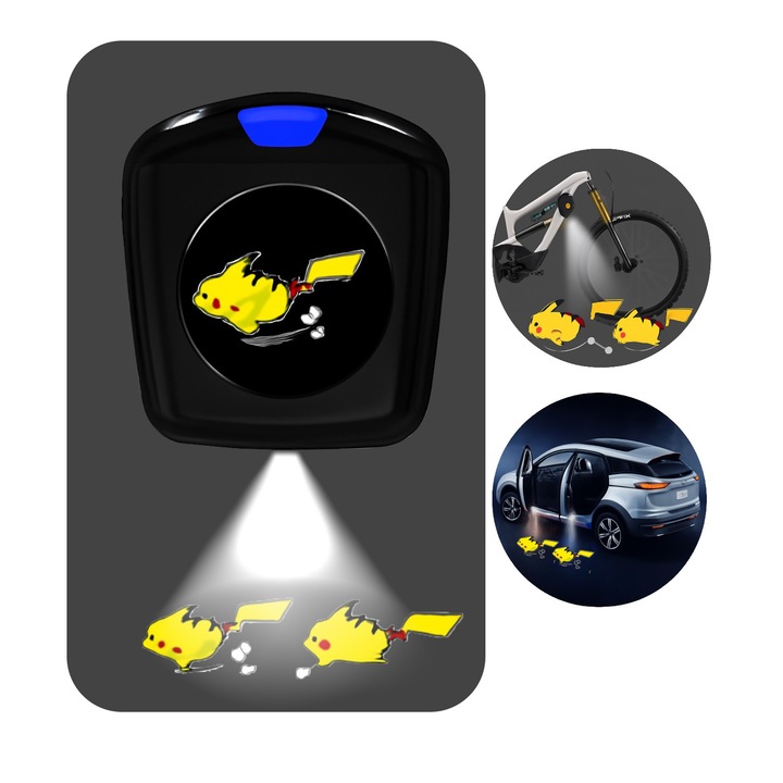 Lumina Proiector LED Pikachu pentru Masina, Bicicleta si Vehicul Electric - Lumina Draguta Pokémon pentru Usa, Lumina LED pentru Bicicleta si EV pentru Interior si Exterior, Accesoriu Auto si EV pentru Copii