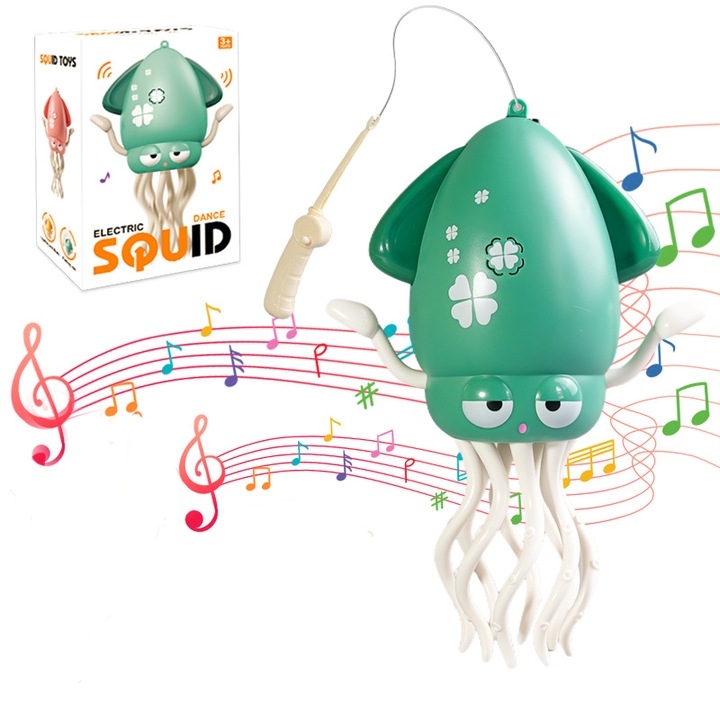 Jucarie interactiva interesanta in forma de sepie cu functii de dans si de tarare, vine cu o undita si cablu de incarcare, un cadou distractiv pentru copii, design creativ si dragut al papusii de pescuit, verde