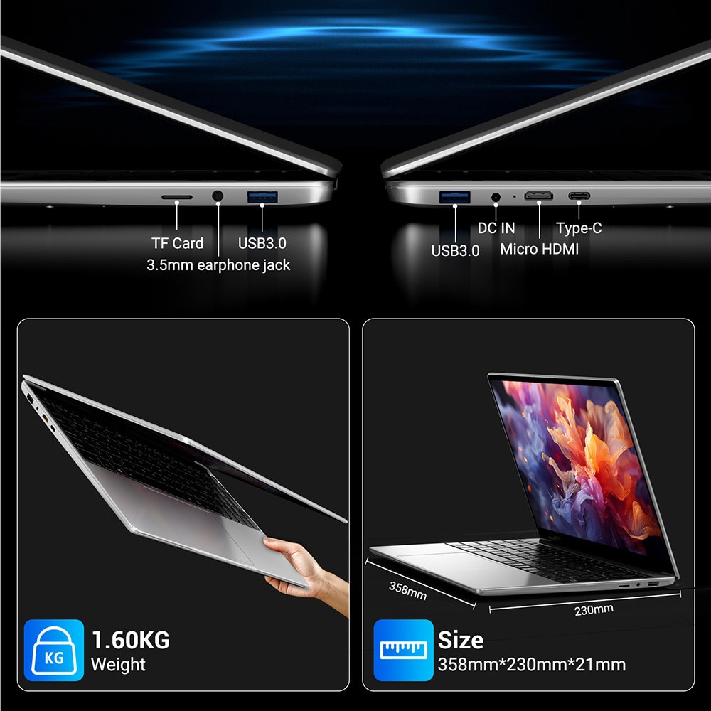 Laptop 15.6" cu procesor Intel Alder Lake N95, 16GB RAM, 256GB SSD, 1920*1080 FHD, Windows 11 Pro, Intel® UHD Graphics 600, 5GHz Wifi, 5000mAh, Argintiu