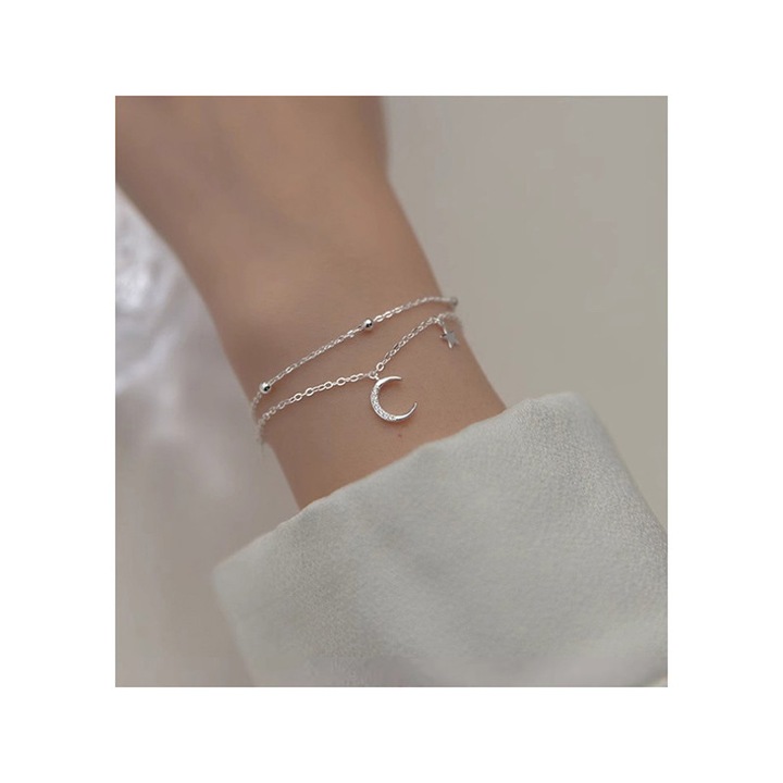 Bratara din argint pentru femei, cu forma galactica, dublu strat, accesorizata cu bile, stele si luni, ajustabila, foarte frumoasa si generoasa