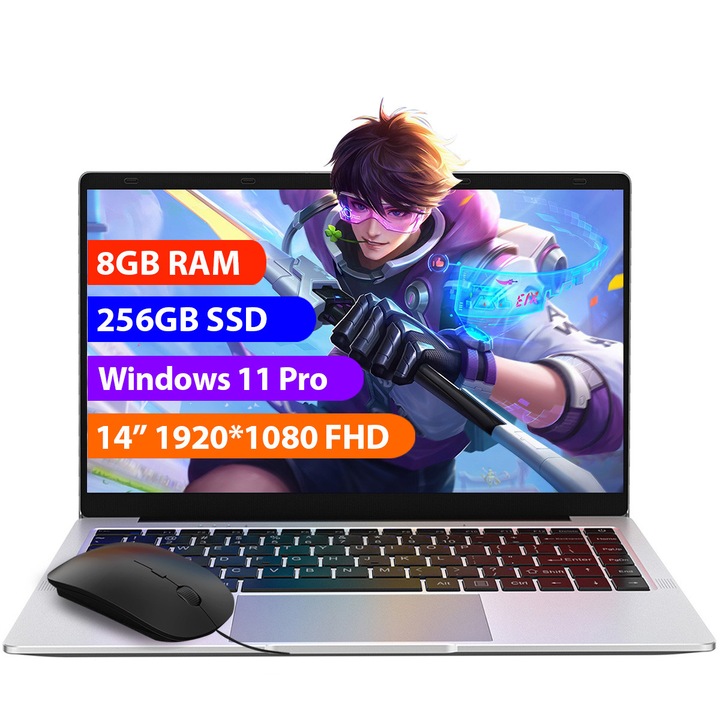 Лаптоп, 14", С процесор Intel Celeron N4120, 8GB RAM, 256GB SSD, 1920*1080 FHD, Windows 11 Pro, Intel® UHD Graphics 600, 5GHz Wifi, 5000mAh, Сребрист