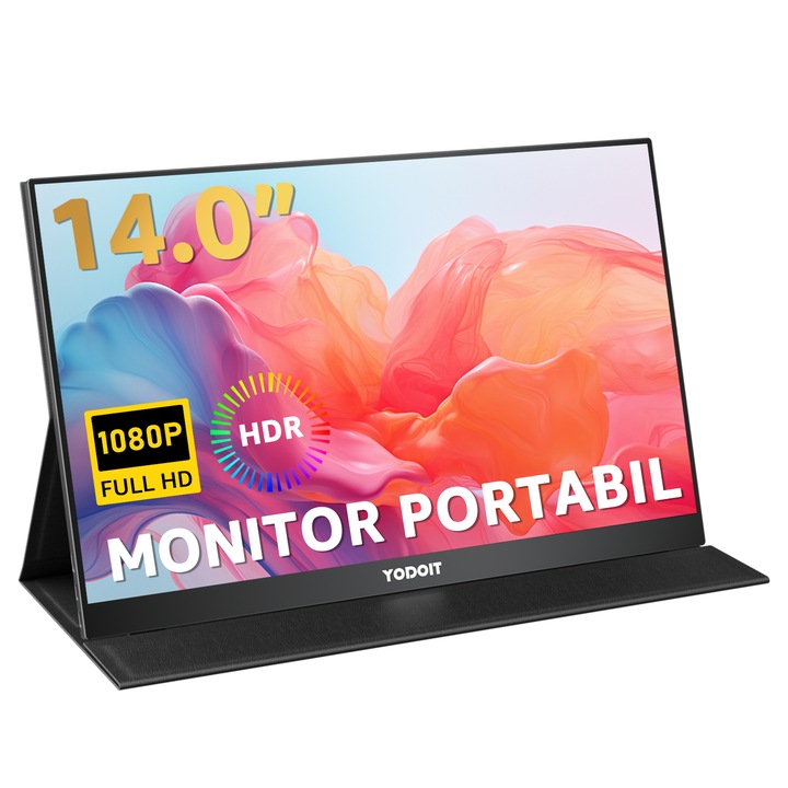 Монитор Yodoit, 14'', IPS панел, Преносим, FHD 1920×1080, 16:9, Мониторен екран, Кабел Mini HDMI към HDMI, USB-C към USB-C, USB-C към USB-A
