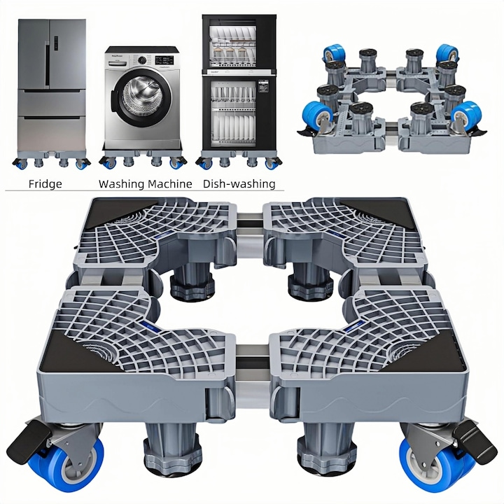 Suport masina de spalat rufe cu doua bare si roti duble cu frana, MOSMAOO®, Anti-soc/anti-zgomot/anti-alunecare, Cu 8 picioare reglabile, lungime/latime ajustabila 45-68cm, Sustinere 500kg, Potrivita pentru masina de spalat rufe, Uscator sau frigider, Gri