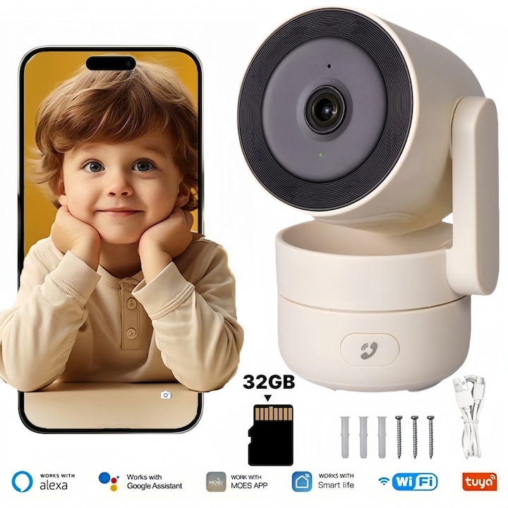 Бебефон MOSMAOO®, 2k резолюция, 4 милиона пиксела, HD камера с панорама 360° и наклон 180°, двупосочен разговор, звуков сензор, инфрачервен нощен режим, WiFi, приложение за телефон, сензор и аларма за движение, автоматично проследяване, бежов