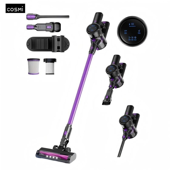 Прахосмукачка, домашна, 1 брой, безжична, 250W, 22000Pa силна всмукателна мощност, преносима, за килими, дървен паркет, почистване на дома, виолетова
