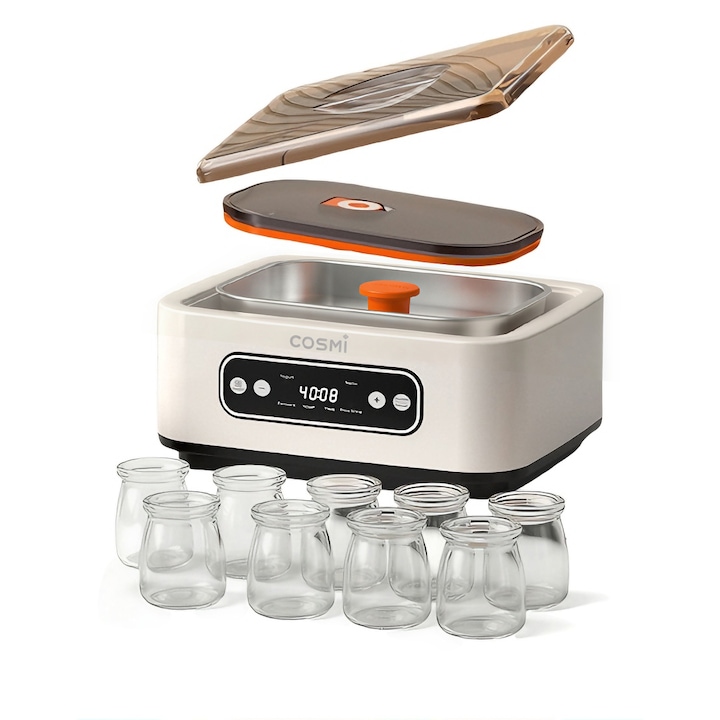 Aparát pentru iaurt, COSMI,1 buc, include 9 borcane sticla 100ml, automat multifunctional, recipient inoxidabil alimentar, termostat inteligent, fermentare tripla iaurt bere orez natto, preparare alimente acasa, bej deschis