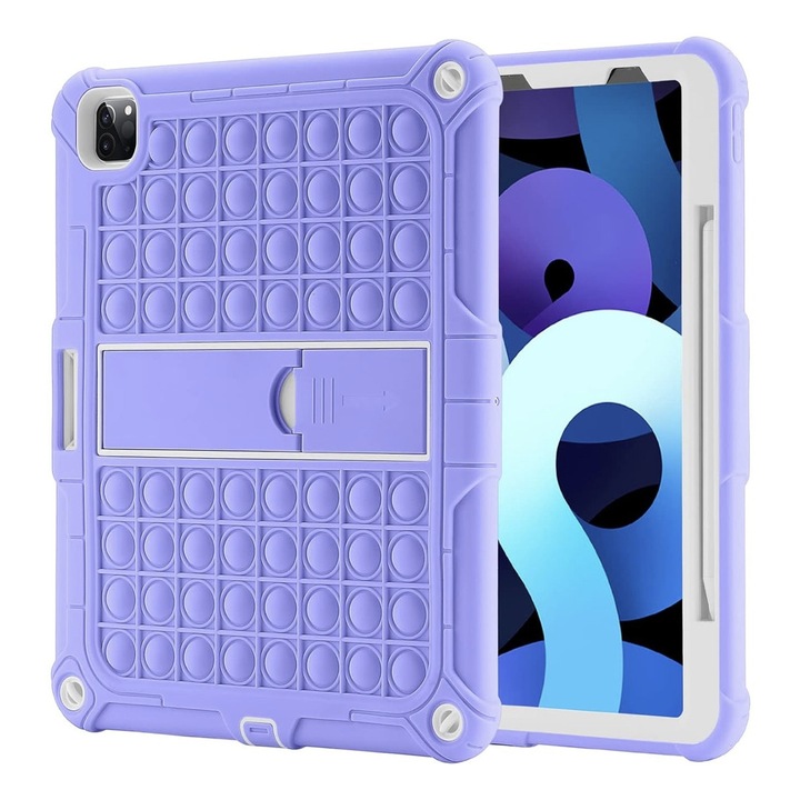 Husa pentru iPad Pro 12.9 (2018/2020/2021), model Pop-it antishock cu suport, pentru copii, mov