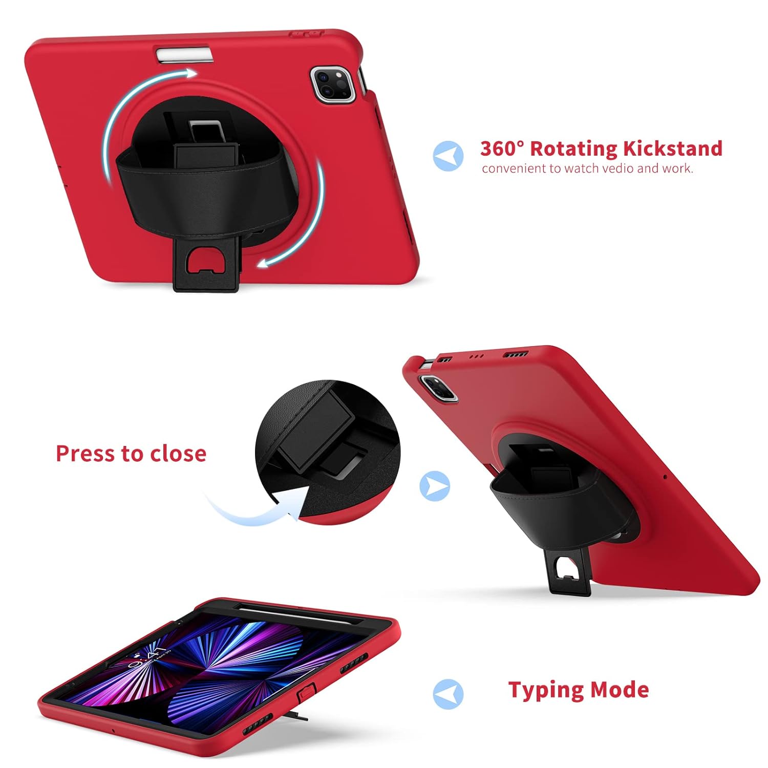 Husa rezistenta pentru iPad Air 4/5 10.9” si iPad Pro 11” 2018/2020/2021, silicon dur, cu suport rotativ 360°, curea de mana – Rosu