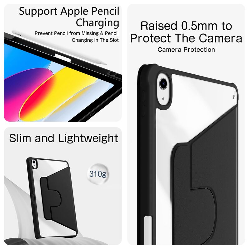 Carcasa pentru iPad, OEM, pentru iPad Pro 2025 (11 inch), Panou din spate acrilic, cu slot pentru stilou, rotatie 360°, Athens Black