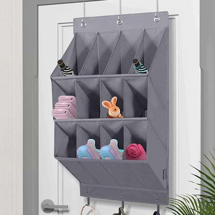 Organizator Suspendat pentru Pantofi Elindor® cu 12 Buzunare Mari si 3 Carlige Metalice, Fara Gauri, Suport Textil pentru Usa, Dulap, Hol, Dormitor, Rulota, Economisire Spatiu, Agatare Rapida, Depozitare Accesorii, Incaltaminte, Produse Curatenie, Gri