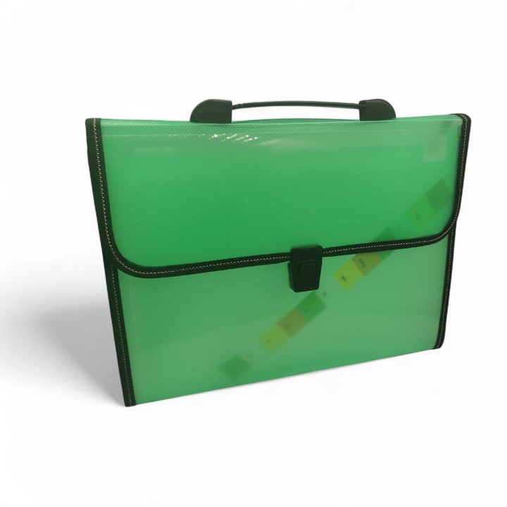 Mapa din Plastic cu Maner si 13 Compartimente VisionXXI, 330x250x40mm, Cu Buton, Textil pe Margini, Index Litere, Verde