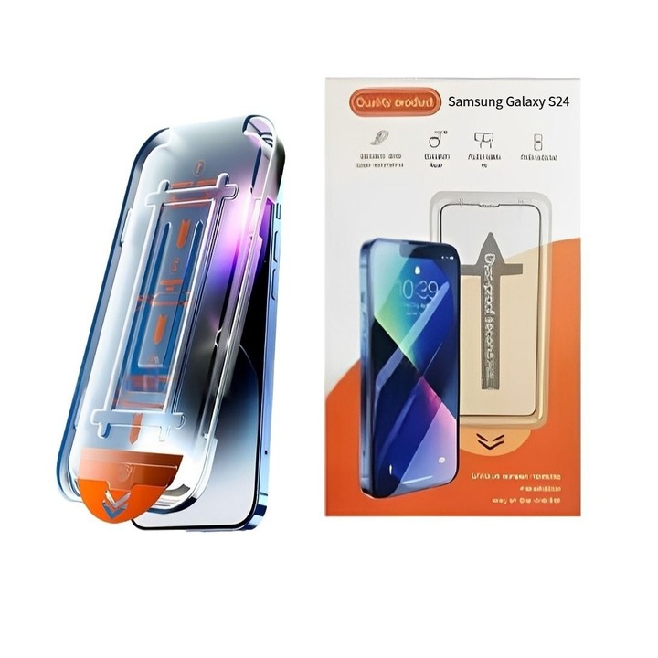 Folie sticla，1 buc，design cu compartiment antifire，ecran complet HD，sistem de pozitionare automata 30 secunde，compatibil Samsung Galaxy S24，protectie ecran telefon，transparenta