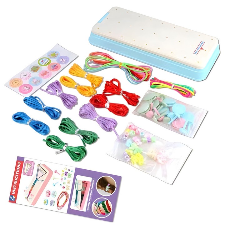 Kit de fabricare a bratarilor de prietenie, Kit bratari impletite, 11 fire, 10 elastice, 20 catarame, 10 autocolante, Jucarii pentru fete DIY, Albastru