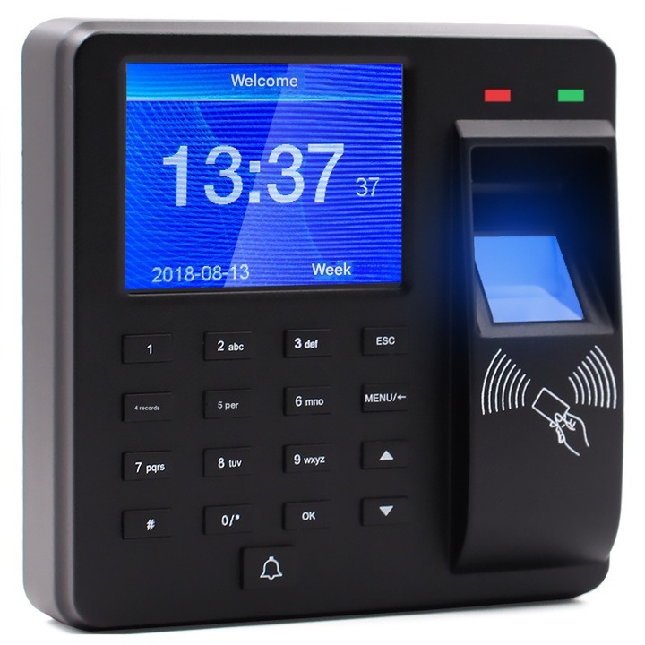 Inregistrator de pontaj si prezenta, Moduri multiple de autentificare, ecran de 2 "4", pana la 1.000 de angajati in memorie, USB, distanta de inregistrare de pana la 5 cm, negru, Recunoastere eficienta prin inductie, Corp robust si durabil