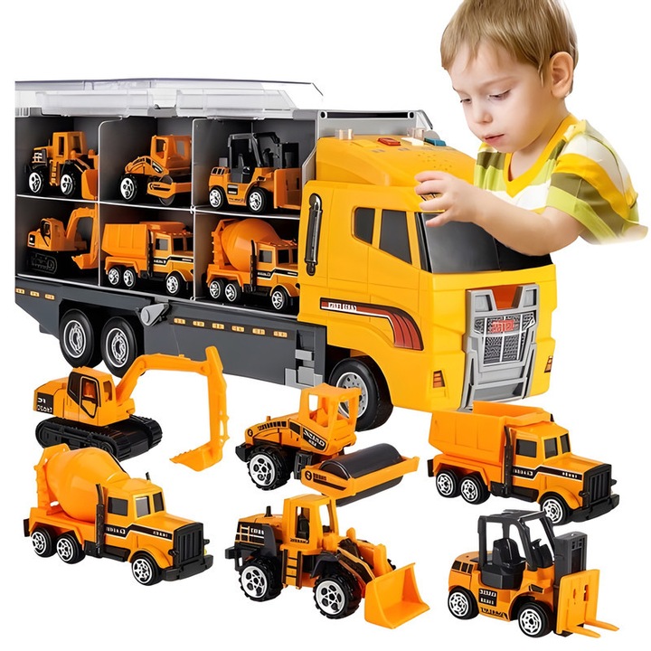 Set de Masinute de Constructie pentru Copii, Camion Transportator, Excavator, Camion de Beton, 4-8 cm, Galben