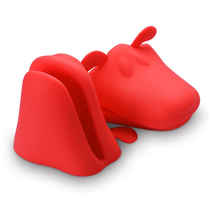 Set 2 protectii pentru manere de oala, TREXORA, forma cap de caine, rezistente la temperaturi -40C la 230C, rosu, 6x5.5x5cm