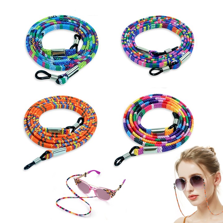 Set 4 snururi ochelari, TREXORA, stil boem, reglabile, antiderapante, 700x5mm, poliester-bumbac