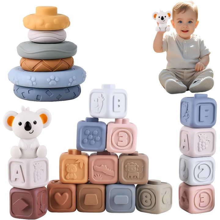 Set jucarii interactive pentru bebelusi, TMYIDO, blocuri moi de constructie si jucarii de mestecat, multicolor, 19 piese, 6-18 luni