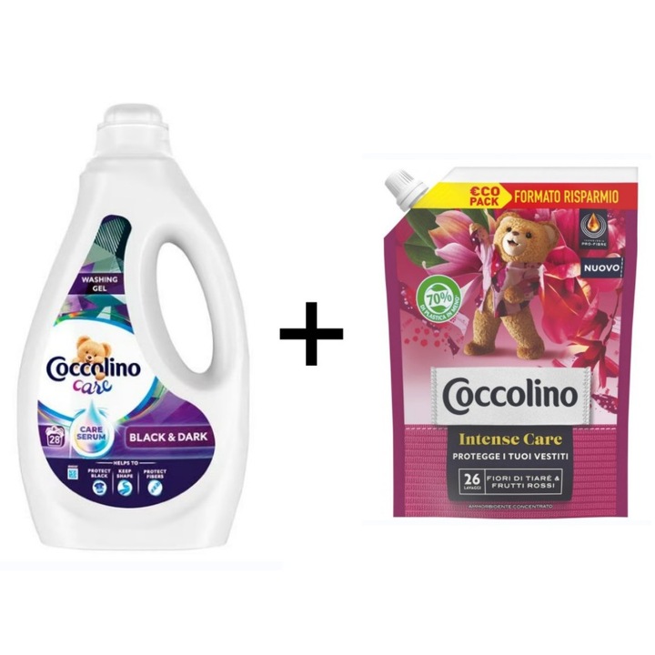 Coccolino készlet Balck & Dark 1, 12L 28 mosás, folyékony mosószer + Tiare Flower & Red Fruits öblítő koncentrátum utántöltő 600ml, 26 mosás