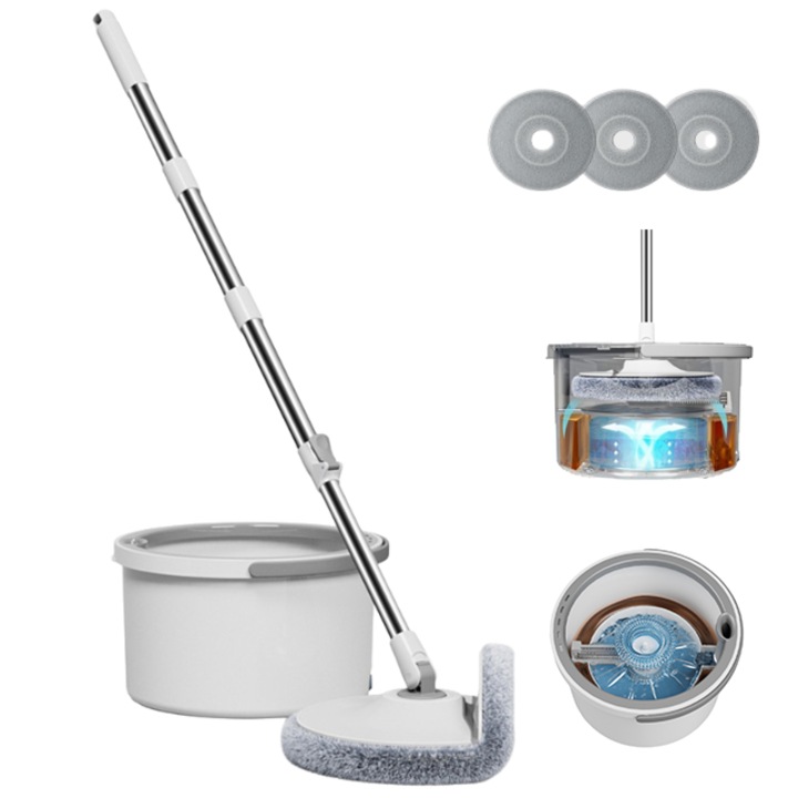 Ротационен моп COSMI, кофа, 3 почистващи кърпи, автоматично измиване, разделяне на мръсотия-чистота, измиване без ръце, въртяща се глава на 360°, кран за източване, измиване с чиста вода, с колелца, бял