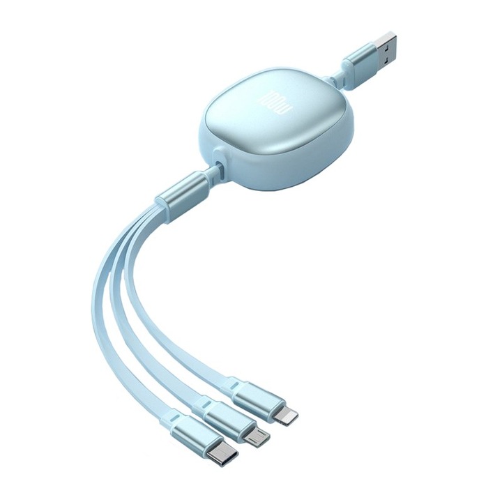 Cablu Retractabil Universal pentru Telefon, OEM, Universal 3in1 pentru Orice Tip de Telefon, Micro-USB, Lightning, TYPE-C, 1.2M, Albastru deschis