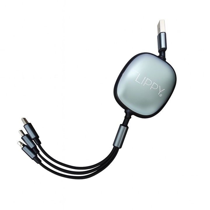 Cablu Retractabil Universal pentru Telefon, OEM, Universal 3in1 pentru Orice Tip de Telefon, Micro-USB, Lightning, TYPE-C, 1.2M, Negru